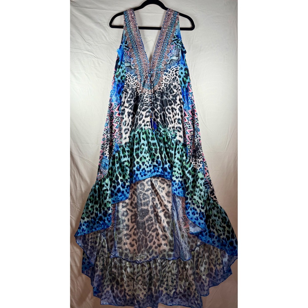 Crystal Embellished Animal‎ Print High Low Maxi Dress Blue Teal Animal sz S boho